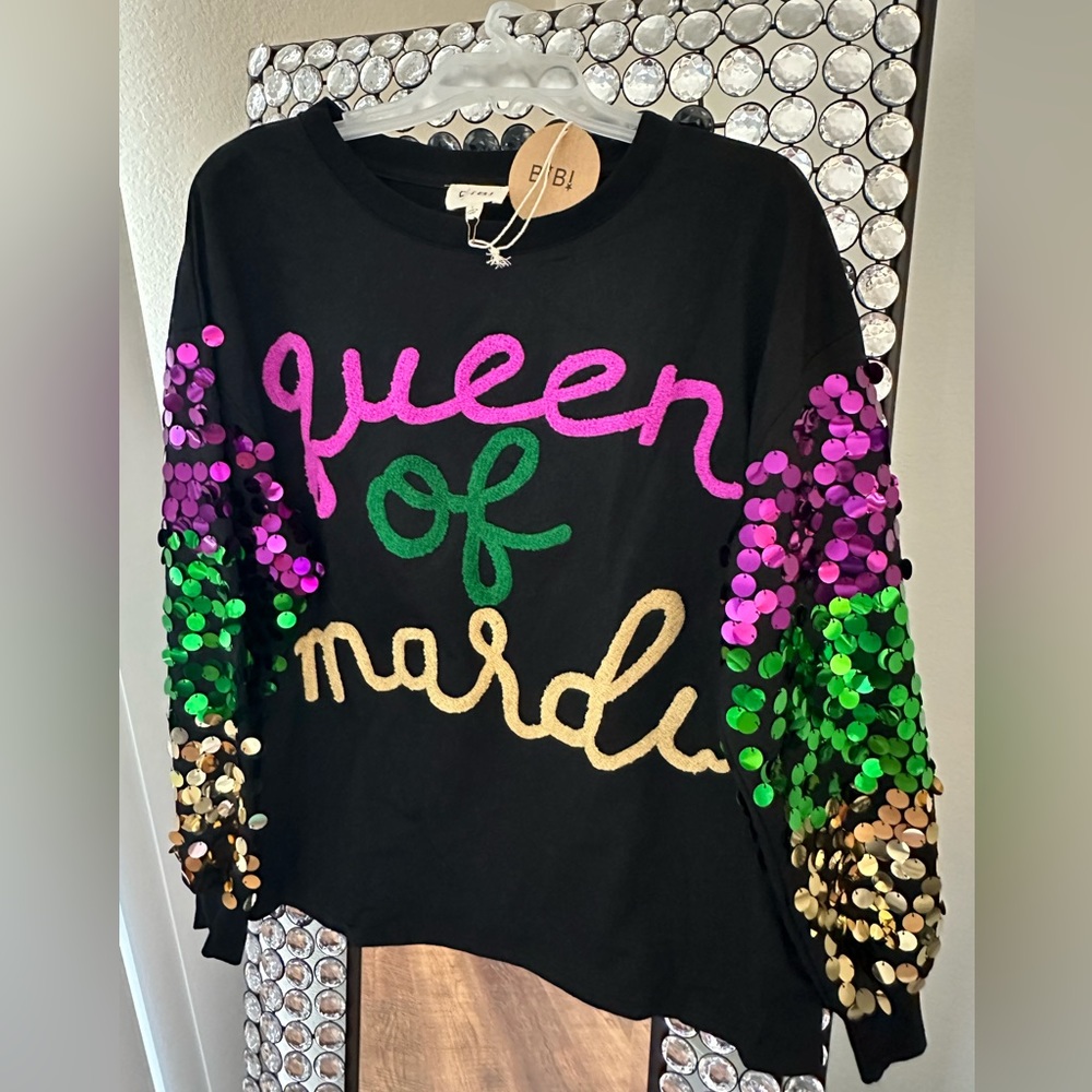NWT Queen of Mardi Gras New Orleans Sequin Sweatshirt Top Shirt